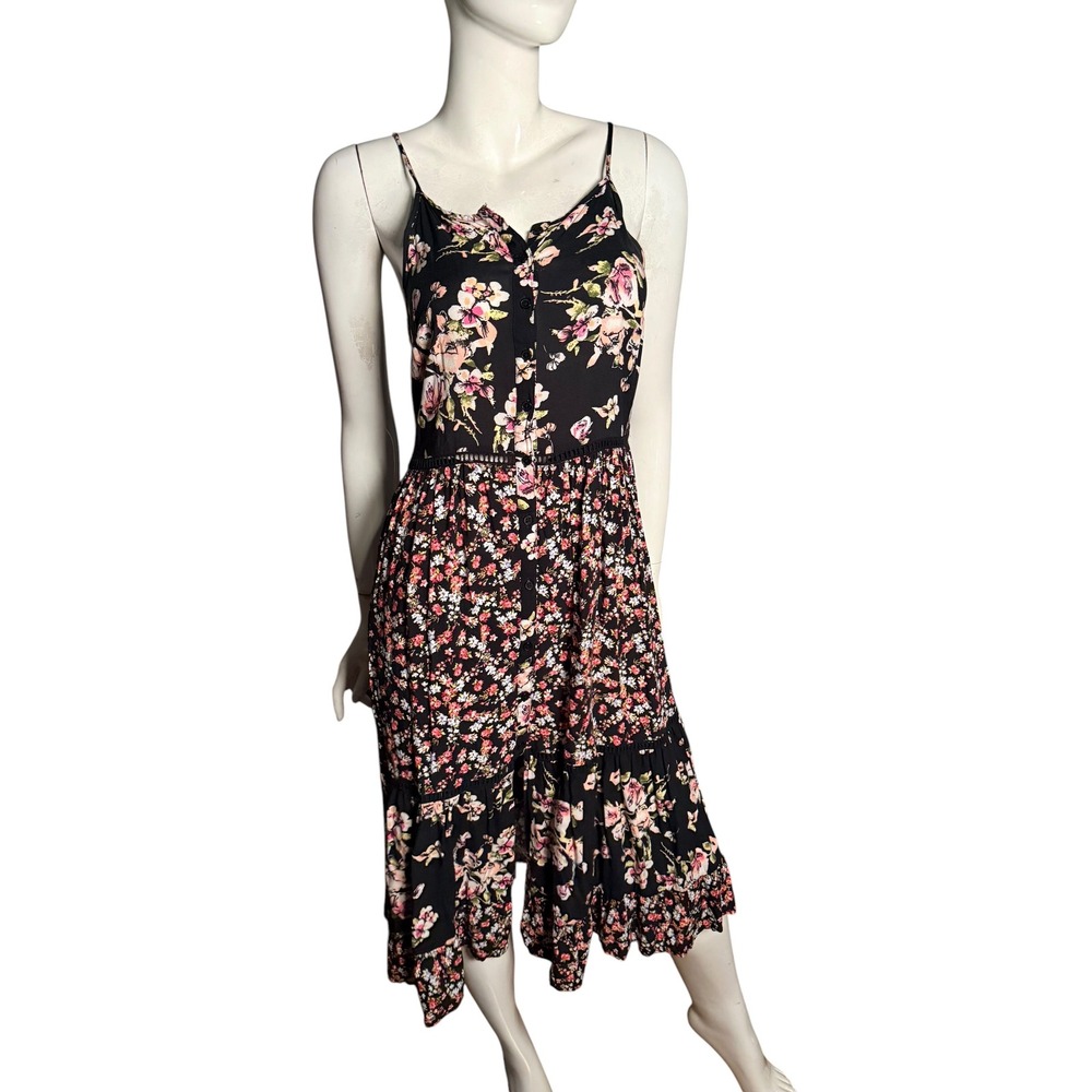 BOG Collective Black Floral Midi Dress Small Button Front Tiered Boho Sleeveless